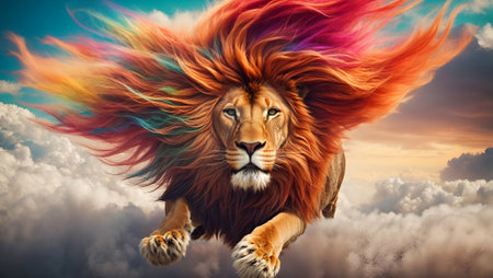 Lion with colorful hair flying in the sky. Surreal 3d renderingの素材