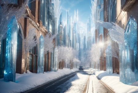Frozen street in the city with snow and Ice covering buildings and trees. Beautiful Winter scene.の素材