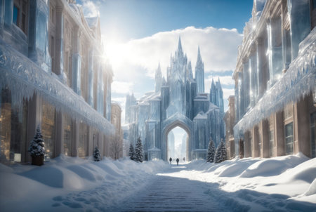Fantasy winter landscape with snow and ice-covered buildings and trees. 3d renderingの素材