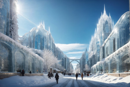 Frozen Buildings in the city with snow and Ice covering buildings and trees. Beautiful Winter scene.の素材