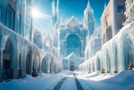 A frozen City Street with Ice Buildings, on a sunny winter day with blue skyの素材