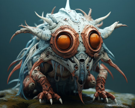 3D rendering of a fantasy alien creature with orange eyes on a dark backgroundの素材
