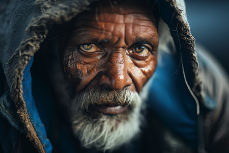 Portrait of an old wise black male, starring sadly at the camera. Poverty concept.の素材