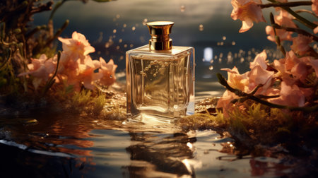 Commercial Ad of Perfume bottle placed on water with flowers. Beautiful Product Photography.の素材