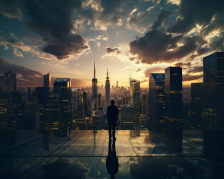 Silhouette of a businessman standing on the background of the city at sunsetの素材