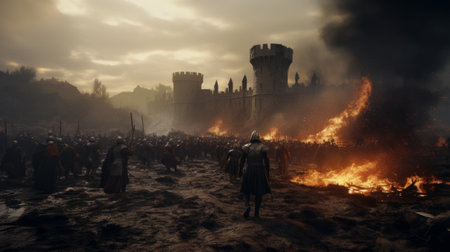 Medieval battle scene depicting Siege on a big castle.の素材
