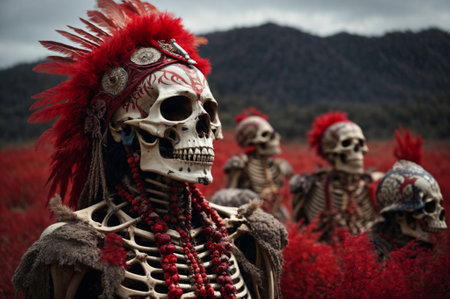 Skull of Native American woman with red headdress in red fieldの素材