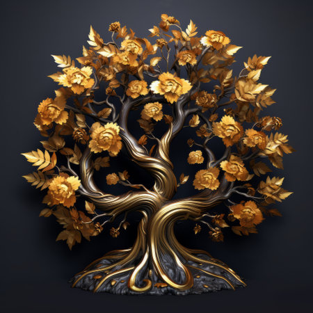 Beautiful abstract gold tree on a black background. 3D rendering.の素材