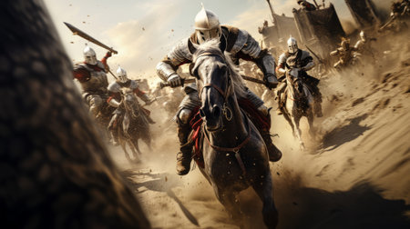 Group of Knights riding on horses through the desert. High-Speed Pursuit in Dynamic Action Scene.の素材