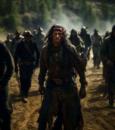 Native American Warrior leading his tribesmen into battle.の素材
