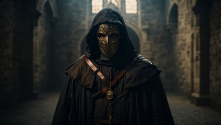 Medieval knight in the old castle. Dark scene. 3d rendering.の素材