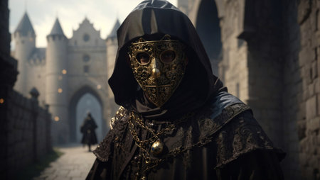Man with venetian mask in front of a medieval castle.の素材