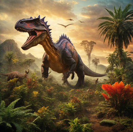 Prehistoric Dinosaur in the jungle. Realistic Digital Illustration.の素材