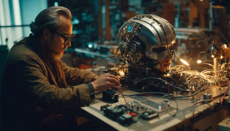 Technician repairing a robot head in a workshop. Technology and industrial concept.の素材