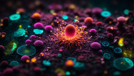 3d render of virus cells in the blood. Microscopic viewの素材