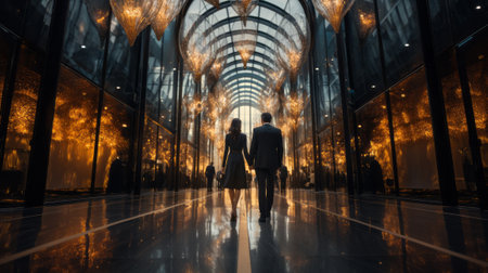 Couple walking in the corridor of a modern shopping mall. 3D renderingの素材