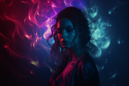 Portrait of a beautiful young woman with long curly in colorful swirly projections.の素材