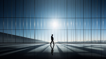 Silhouette of businessman standing against Glass Wall, in spacious foyer of modern office building.の素材