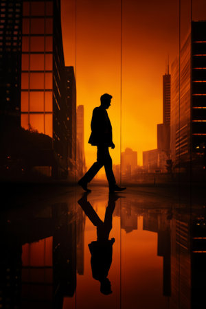 Silhouette of a businessman walking in the city at sunset.の素材
