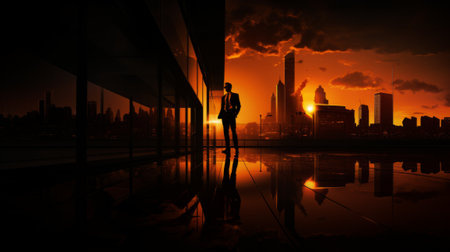 Silhouette of businessman standing in front of modern office building, in front of epic sunset.の素材