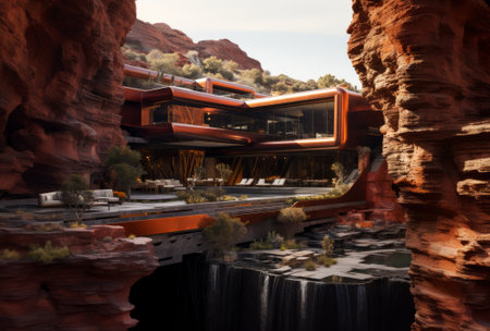 A Modern Luxurious Mansion built into the Red Rock of a Canyon. Surreal Architecture.の素材