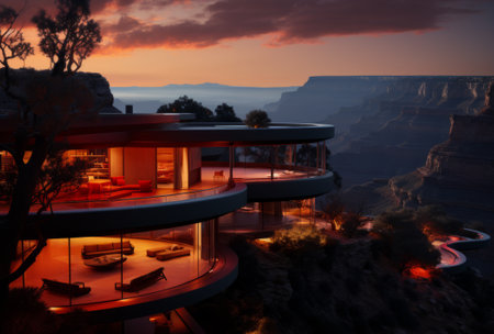 A Modern Luxurious Mansion built atop a Cliff in the Red Rock Canyons, with wide illuminated Glass Walls at Dusk.の素材
