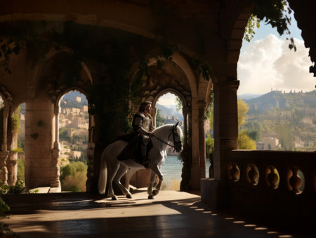 Beautiful young man in medieval costume riding a white horse on a medieval terrace. Highly detailed Rendering.の素材