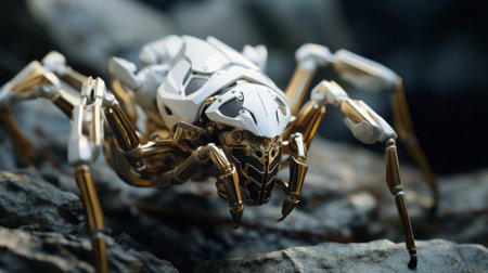 3D Illustration of a Fantasy Spider from white and golden metallic materials on a Rock.の素材