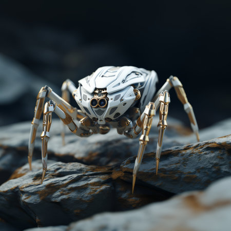 3D rendering of a little robot on a rock with black backgroundの素材
