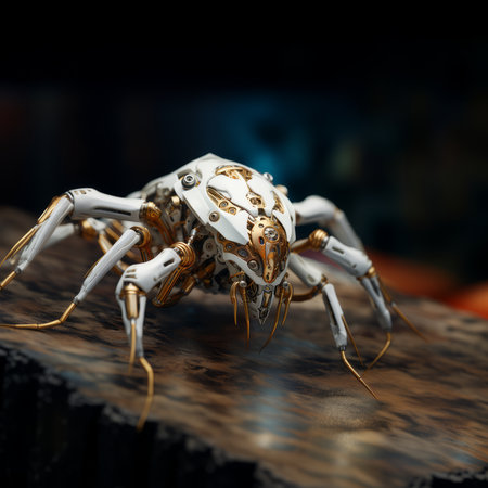 3d rendering of a robot on a wooden surface in dark backgroundの素材