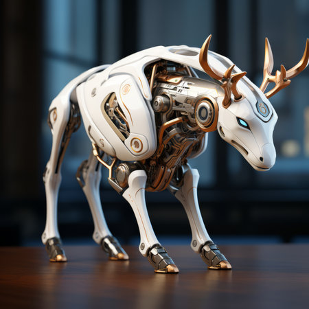 3D render of a robotic deer with horns on a wooden table.の素材