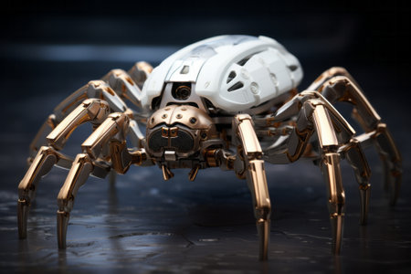 Close-up of a metal toy spider on a dark background.の素材