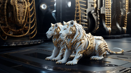 Lion statue on the background of the building. 3d renderingの素材