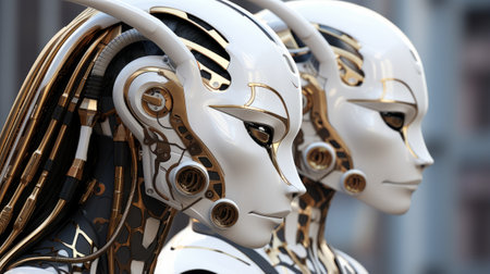 3D rendering of a Portrait of a group of futuristic robots in the city background.の素材