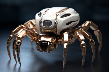 Surreal Robotic Spider, in Gold and White, isolated on black background.の素材