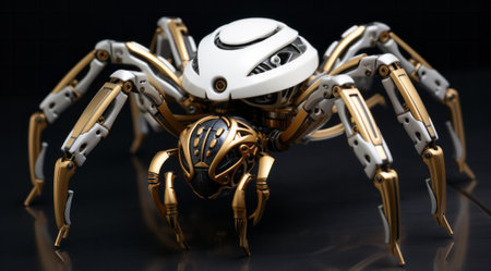 Detailed 3D Illustration of a Robotic Spider on a Black Background.の素材