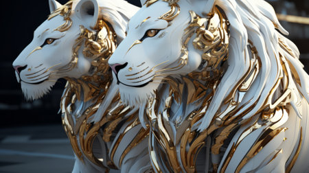 3d rendering of two white lions with golden stripes in the backgroundの素材