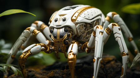 Closeup of Miniature Robot model in the gardenの素材