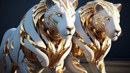3d rendering of golden and silver tiger statue in studio background.の素材