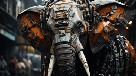 Closeup of a giant Cyborg Elephant, Futuristic Mechanical Design.の素材