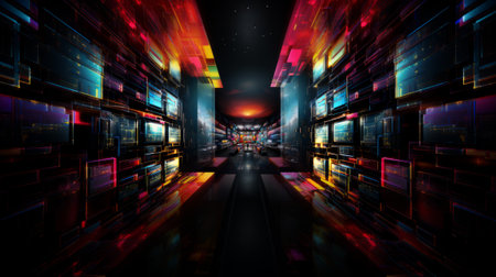 Futuristic corridor with glowing displays in neon lights in the dark.の素材