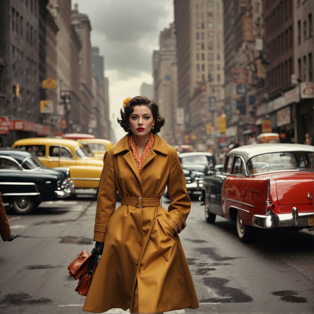 1950's Retro Image of Fashionable woman in yellow trench coat posing in a Big City.の素材