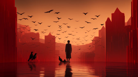 Silhouette of a man with a flock of birds in the city at sunsetの素材