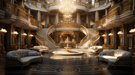 3d rendering of a luxurious interior of a royal palace with golden furnitureの素材