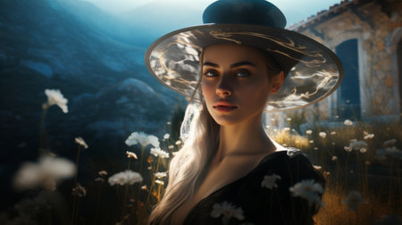 Fantasy portrait of a beautiful girl in a hat and dress. 3d rendering.の素材