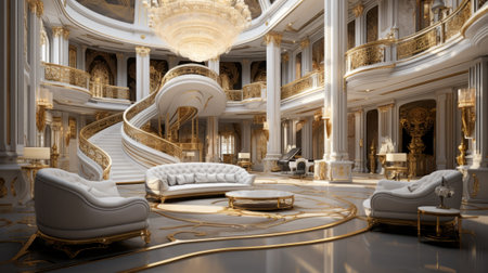 3d render of interior of a royal palace with luxurious armchairs in white and goldの素材