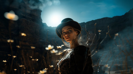 Beautiful woman in black dress and hat on the background of mountains. 3d rendering.の素材