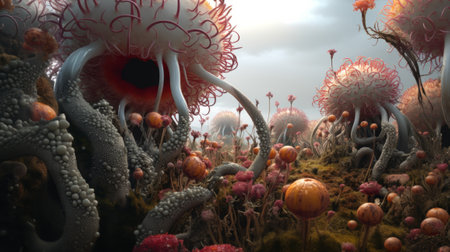 otherworldly flora and fauna on an alien planet in deep space. 3d renderingの素材
