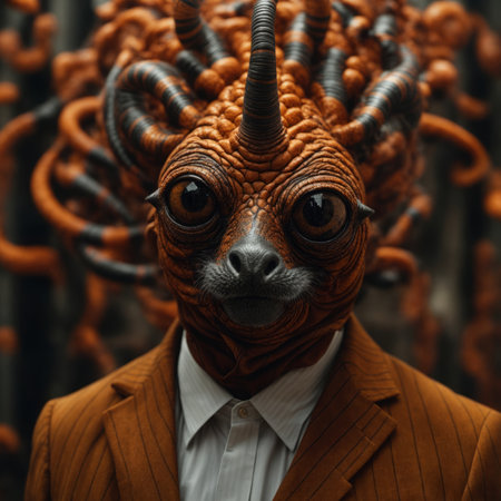Portrait of an abstract cute animal in a suit with a unicorn head.の素材