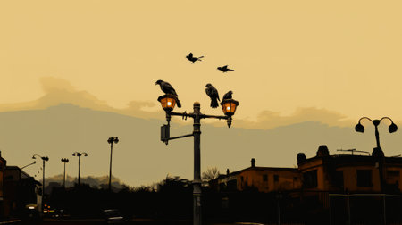 Silhouette of a couple of crows sitting on a street lamp at sunsetの素材